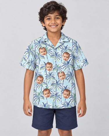 Palm Breeze Hawaiian shirt with printed faces, worn by a child