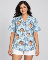Palm Breeze Hawaiian shirt with printed faces, worn by a woman