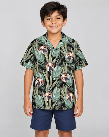 Palm Grove Hawaiian shirt with printed faces, worn by a child