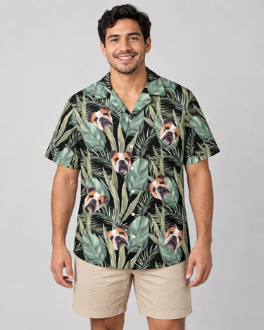 Palm Grove Hawaiian shirt with printed faces, worn by a man