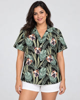 Palm Grove Hawaiian shirt with printed faces, worn by a woman