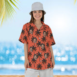 Woman wearing the Palm Silhouette Island Hawaiian Shirt with custom faces