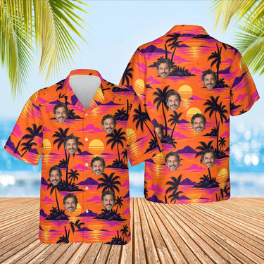 Palm Sunset Tropical Hawaiian Shirt with custom faces, front and back