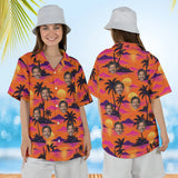 Woman wearing the Palm Sunset Tropical Hawaiian Shirt with custom faces, front and back view