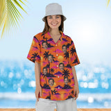 Woman wearing the Palm Sunset Tropical Hawaiian Shirt with custom faces