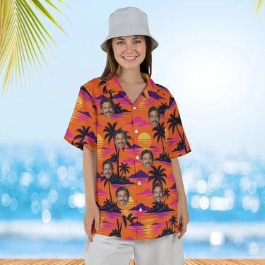 Woman wearing the Palm Sunset Tropical Hawaiian Shirt with custom faces