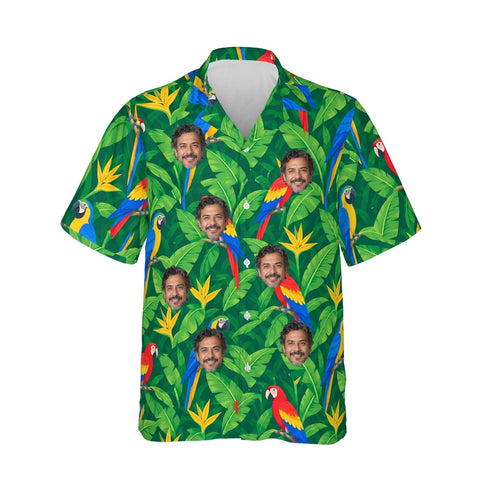 Parrot & Banana Leaf Caribbean Style Hawaiian Shirt personalized with printed faces, front view