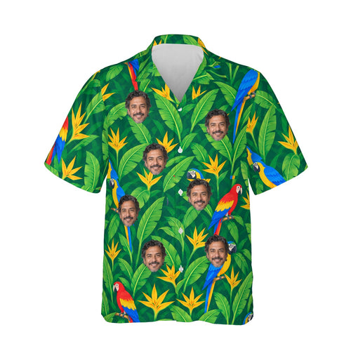 Parrot & Banana Leaf Caribbean Style Hawaiian Shirt personalized with printed faces, front view