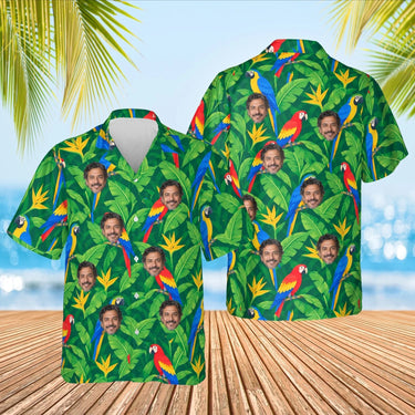 Parrot & Banana Leaf Caribbean Style Hawaiian Shirt with custom faces, front and back