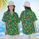 Woman wearing the Parrot & Banana Leaf Caribbean Style Hawaiian Shirt with custom faces, front and back view