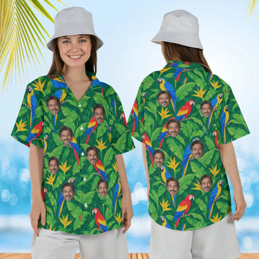 Woman wearing the Parrot & Banana Leaf Caribbean Style Hawaiian Shirt with custom faces, front and back view