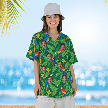 Woman wearing the Parrot & Banana Leaf Caribbean Style Hawaiian Shirt with custom faces