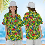 Woman wearing the Parrot Cocktail Tropical Hawaiian Shirt with custom faces, front and back view