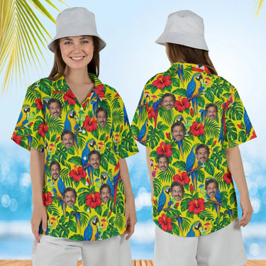Woman wearing the Parrot Cocktail Tropical Hawaiian Shirt with custom faces, front and back view