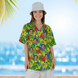 Woman wearing the Parrot Cocktail Tropical Hawaiian Shirt with custom faces