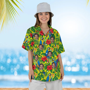 Woman wearing the Parrot Cocktail Tropical Hawaiian Shirt with custom faces