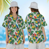 Woman wearing the Parrot Palm Tropical Hawaiian Shirt with custom faces, front and back view