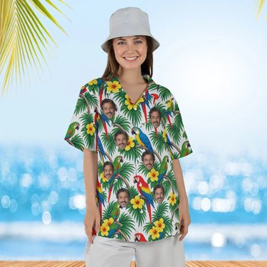 Woman wearing the Parrot Palm Tropical Hawaiian Shirt with custom faces