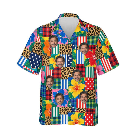 Patchwork Mess Ugly Hawaiian Shirt personalized with printed faces, front view