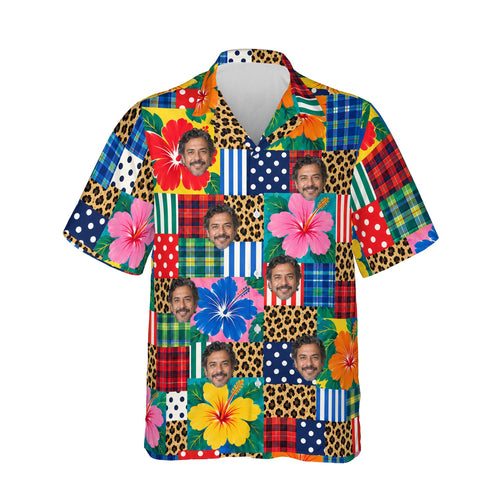 Patchwork Mess Ugly Hawaiian Shirt personalized with printed faces, front view