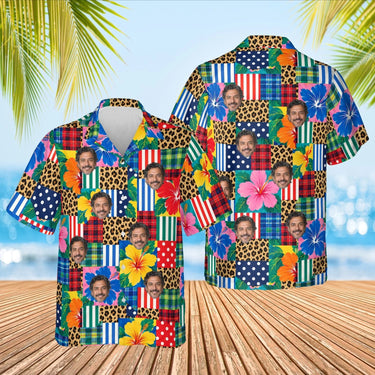 Patchwork Mess Ugly Hawaiian Shirt with custom faces, front and back
