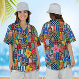 Woman wearing the Patchwork Mess Ugly Hawaiian Shirt with custom faces, front and back view