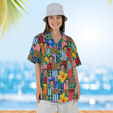 Woman wearing the Patchwork Mess Ugly Hawaiian Shirt with custom faces