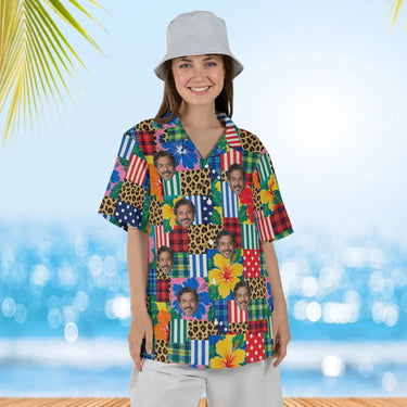 Woman wearing the Patchwork Mess Ugly Hawaiian Shirt with custom faces