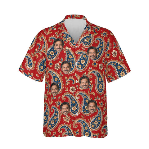Persian Red Paisley Hawaiian Shirt personalized with printed faces, front view