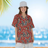 Woman wearing the Persian Red Paisley Hawaiian Shirt with custom faces