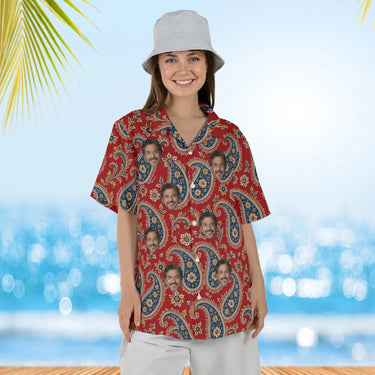 Woman wearing the Persian Red Paisley Hawaiian Shirt with custom faces