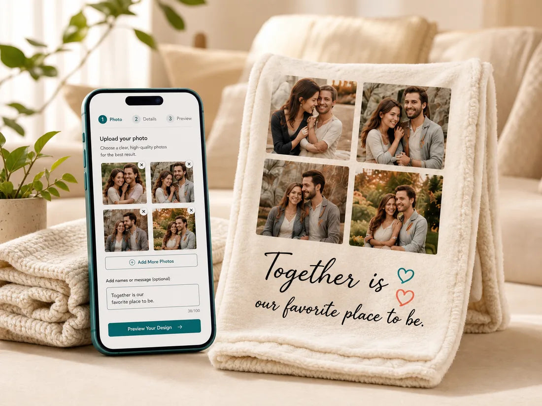Phone personalization preview beside a cream photo blanket
