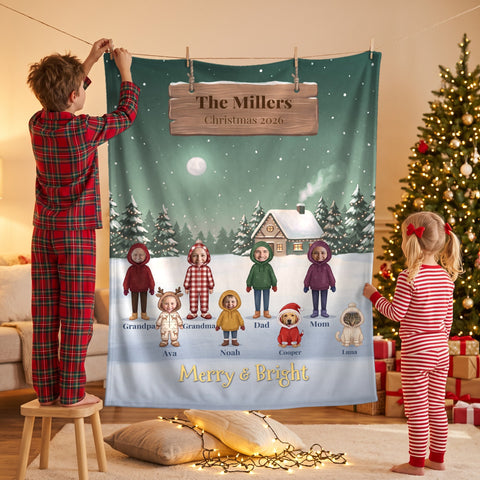 Personalized family Christmas blanket with face photos of the whole family, grandparents and pets, hung by two kids in pajamas