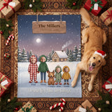 Custom family photo blanket with a golden retriever in a Santa hat lying next to it, Home for the Holidays