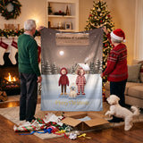 Grandparents unwrapping a personalized Christmas blanket with their faces and dog, a gift for Grandma and Grandpa