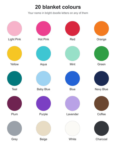All 20 blanket colours for the personalized doodle name blanket, from Light Pink and Hot Pink to Navy Blue, Charcoal and White