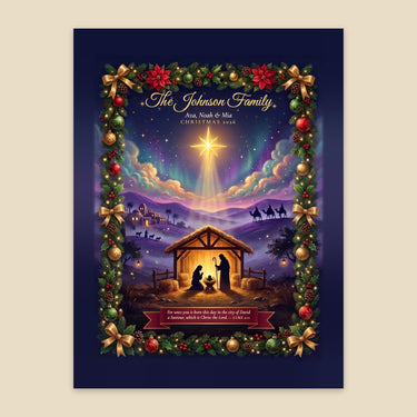 Personalized Nativity Christmas blanket live preview – your family name, members, year and Bible verse update as you choose