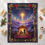 Personalized Nativity Christmas blanket with Bethlehem stable scene laid flat with wrapped gifts, holly and a mug of cocoa
