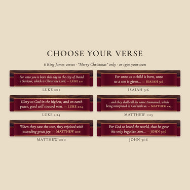 Choose a King James Bible verse for the ribbon: Luke 2:11, Isaiah 9:6, Luke 2:14, Matthew 1:23, Matthew 2:10 or John 3:16, or type your own