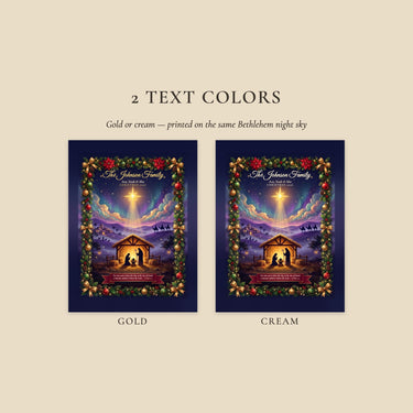 Nativity Christmas blanket text colors: warm gold or soft cream for the family name, year and Bible verse