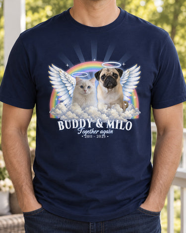 Man wearing a navy pet memorial t-shirt with a pug and a white cat with angel wings, a halo and a rainbow, the name Buddy and Milo and the words Together again