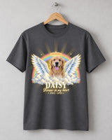 Charcoal pet memorial t-shirt on a wooden hanger with a dog with angel wings, a halo and a rainbow and the name Daisy