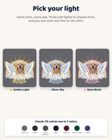 Three soft light colors for the pet memorial t-shirt: golden, silver and rose, plus seven shirt colors