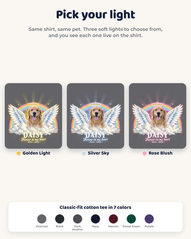 Three soft light colors for the pet memorial t-shirt: golden, silver and rose, plus seven shirt colors