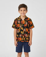 Pilgrim Turkey Tiki Thanksgiving Hawaiian Shirt with printed faces, worn by a child