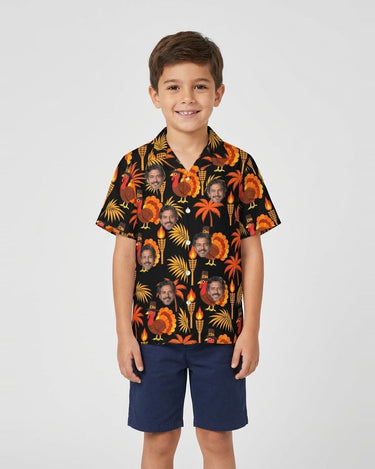 Pilgrim Turkey Tiki Thanksgiving Hawaiian Shirt with printed faces, worn by a child