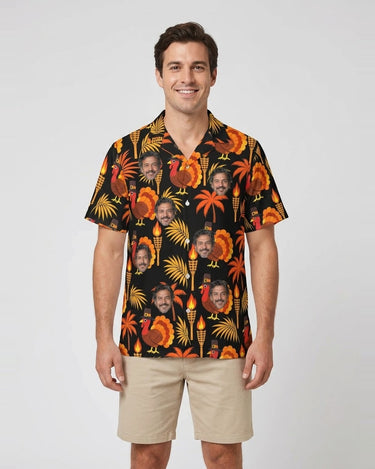 Pilgrim Turkey Tiki Thanksgiving Hawaiian Shirt with printed faces, worn by a man