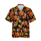 Pilgrim Turkey Tiki Thanksgiving Hawaiian Shirt personalized with printed faces, front view