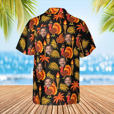 Pilgrim Turkey Tiki Thanksgiving Hawaiian Shirt with custom faces, back view