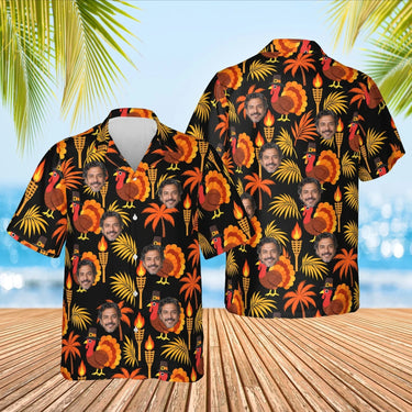 Pilgrim Turkey Tiki Thanksgiving Hawaiian Shirt with custom faces, front and back